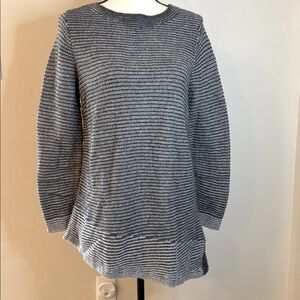 Chico's Charcoal & Light Gray Striped Knit Sweater rounded neck asymmetrical hem